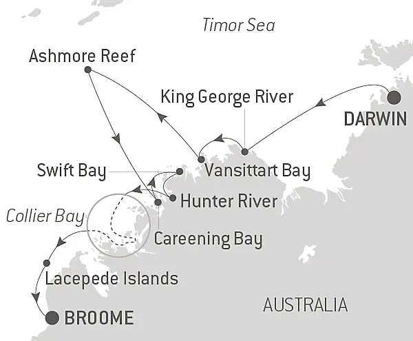Ausrtralias Iconic Kimberley cruise Darwin to Broome map