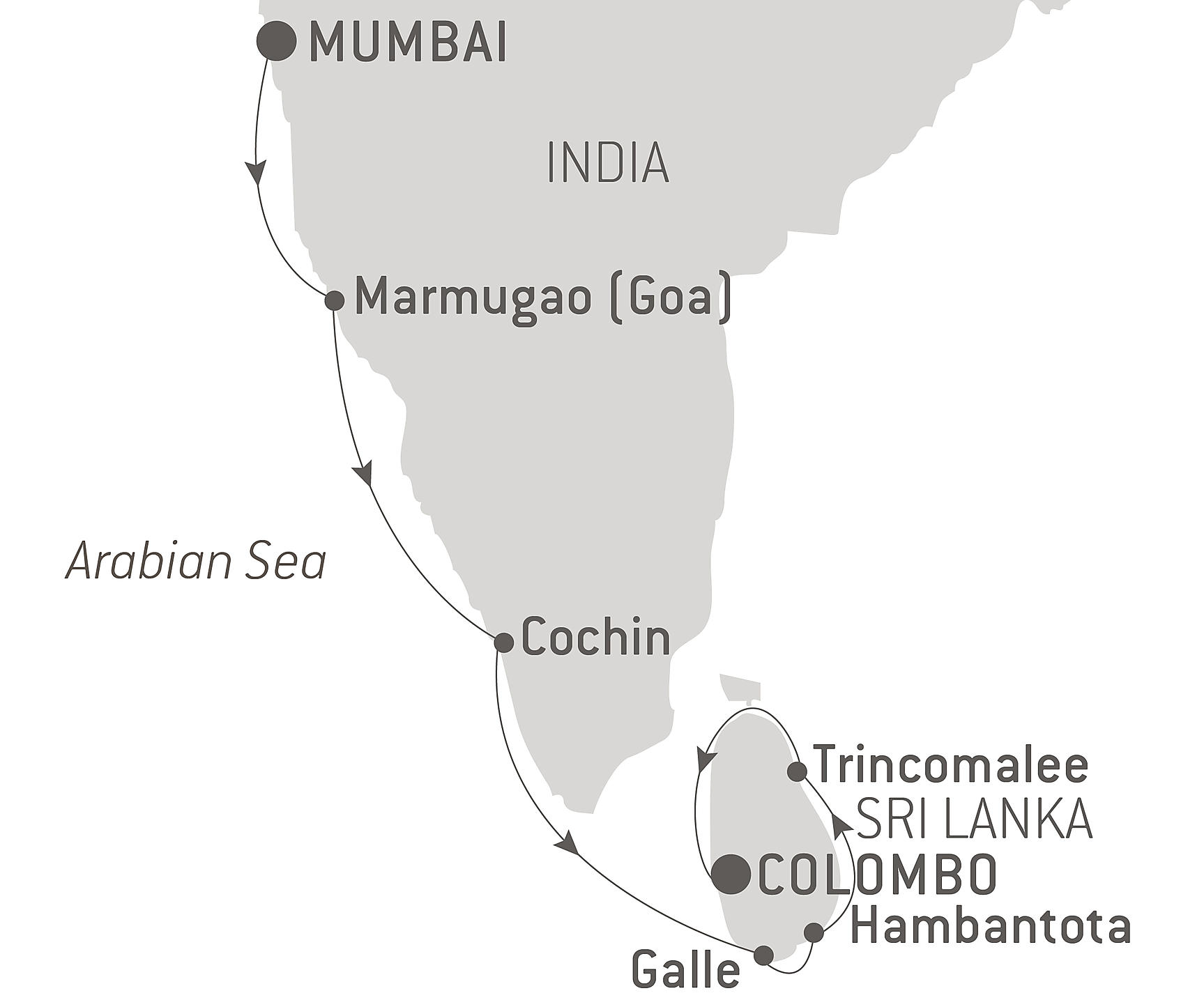 TREASURES OF INDIA cruise map Ponant